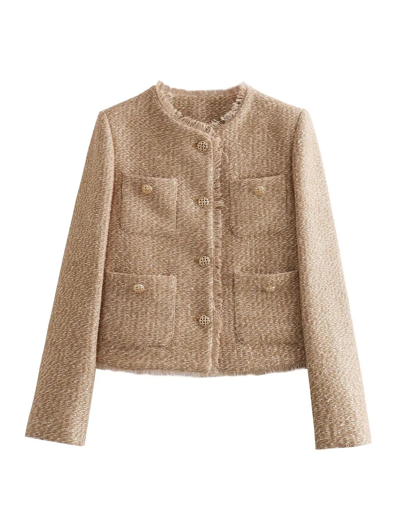 Beige tweed damesjack voor alle seizoenen